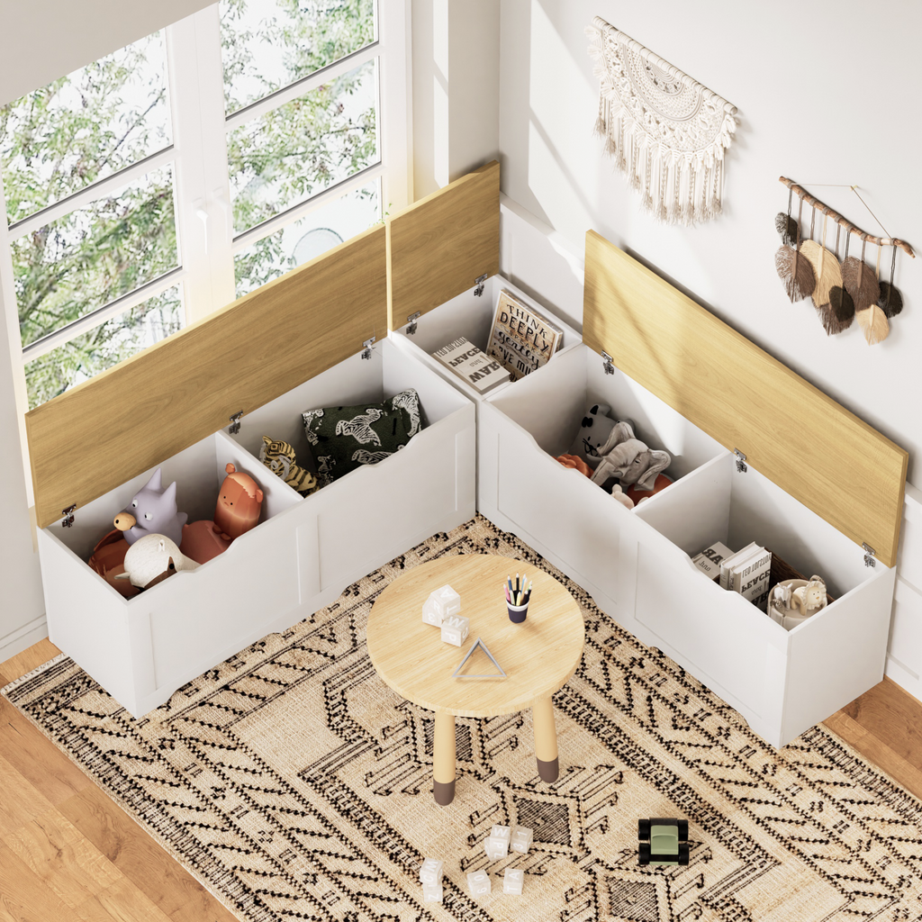 3-Piece L-Shaped Multi-Functional Storage Bench with Cushion - White/Natural