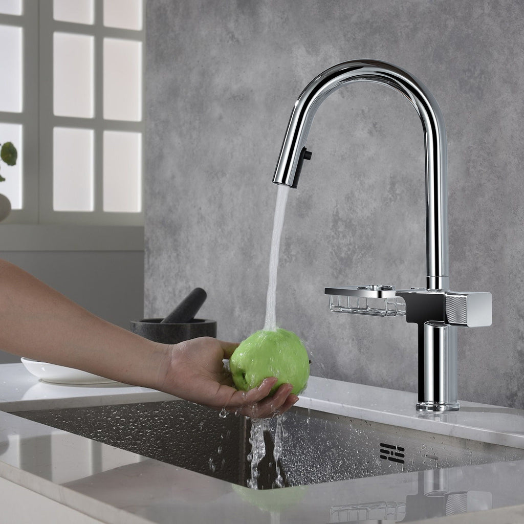 High Arc Pull Down Kitchen Faucet with Built-In Shelf - Pearl Silver or Gold