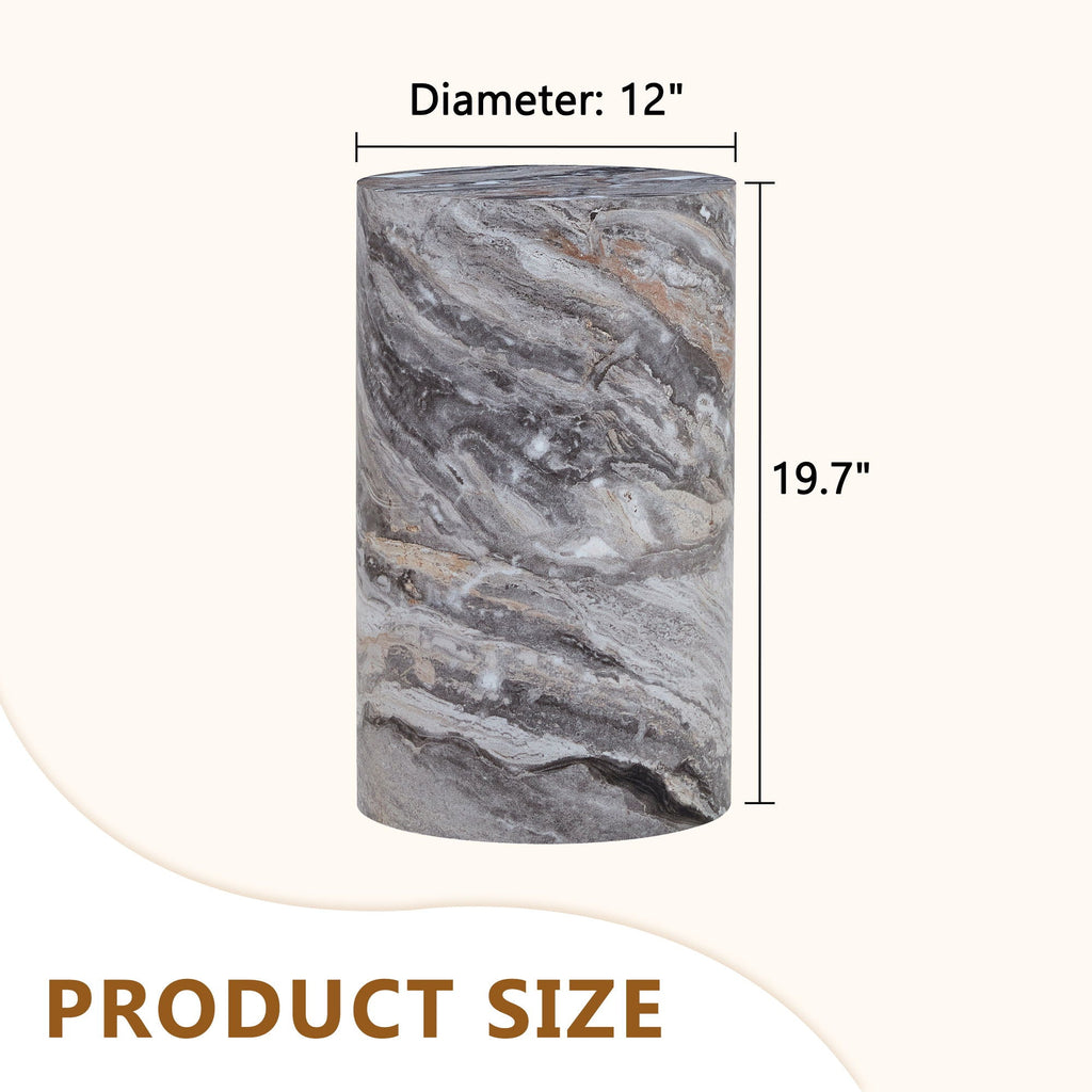 Gray Marble Textured Cylindrical Coffee Table with Stone Look - Gray