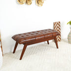 Cognac Genuine Leather Upholstered Bench with Solid Wood Frame - Dark Brown