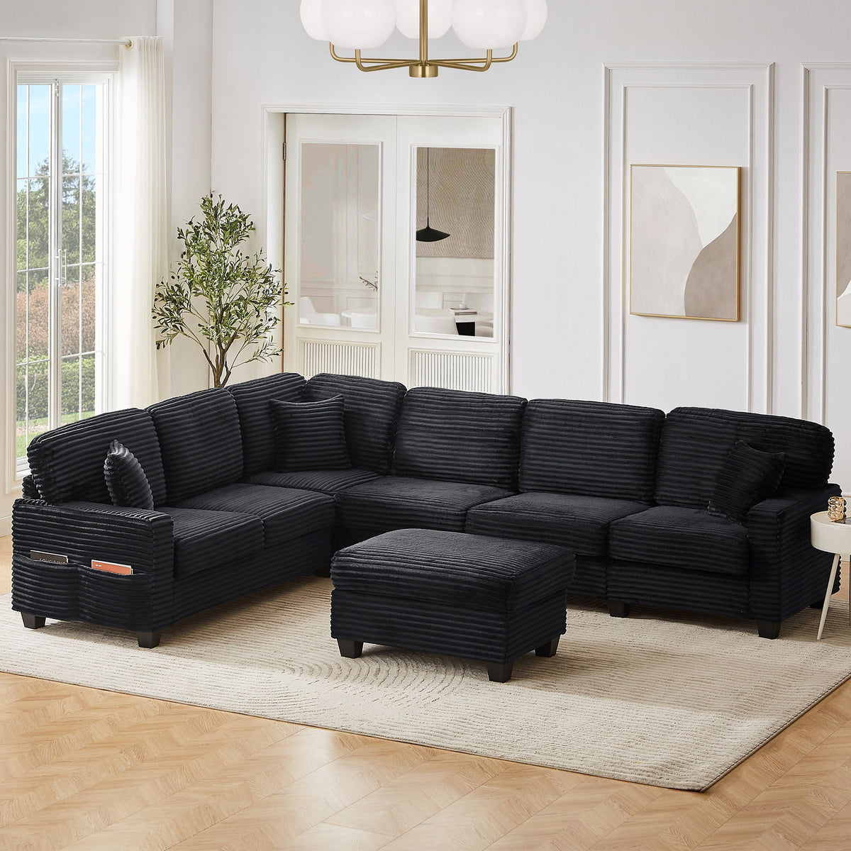 U-Shaped Upholstered Sectional Sofa with Movable Ottoman