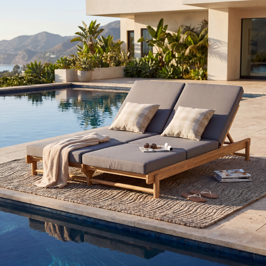 Light Teak Acacia Wood Double Chaise Lounger Set with Dark Grey Cushions - Patio Seating