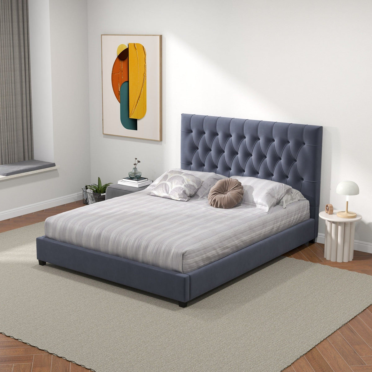 Dark Gray Mid-Century Modern Upholstered Platform Bed with Foam Headboard