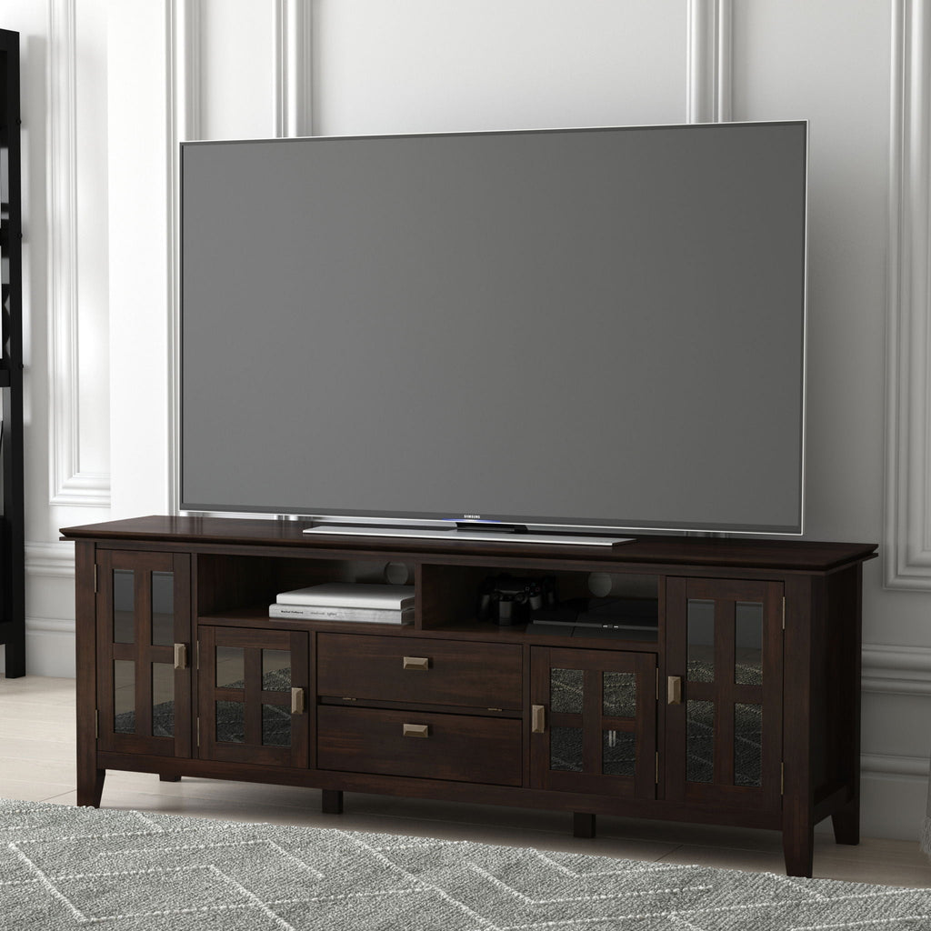 Tobacco Brown TV Stand with Tempered Glass Doors - Solid Wood