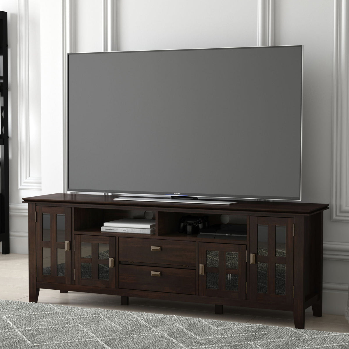 Tobacco Brown TV Stand with Tempered Glass Doors - Solid Wood