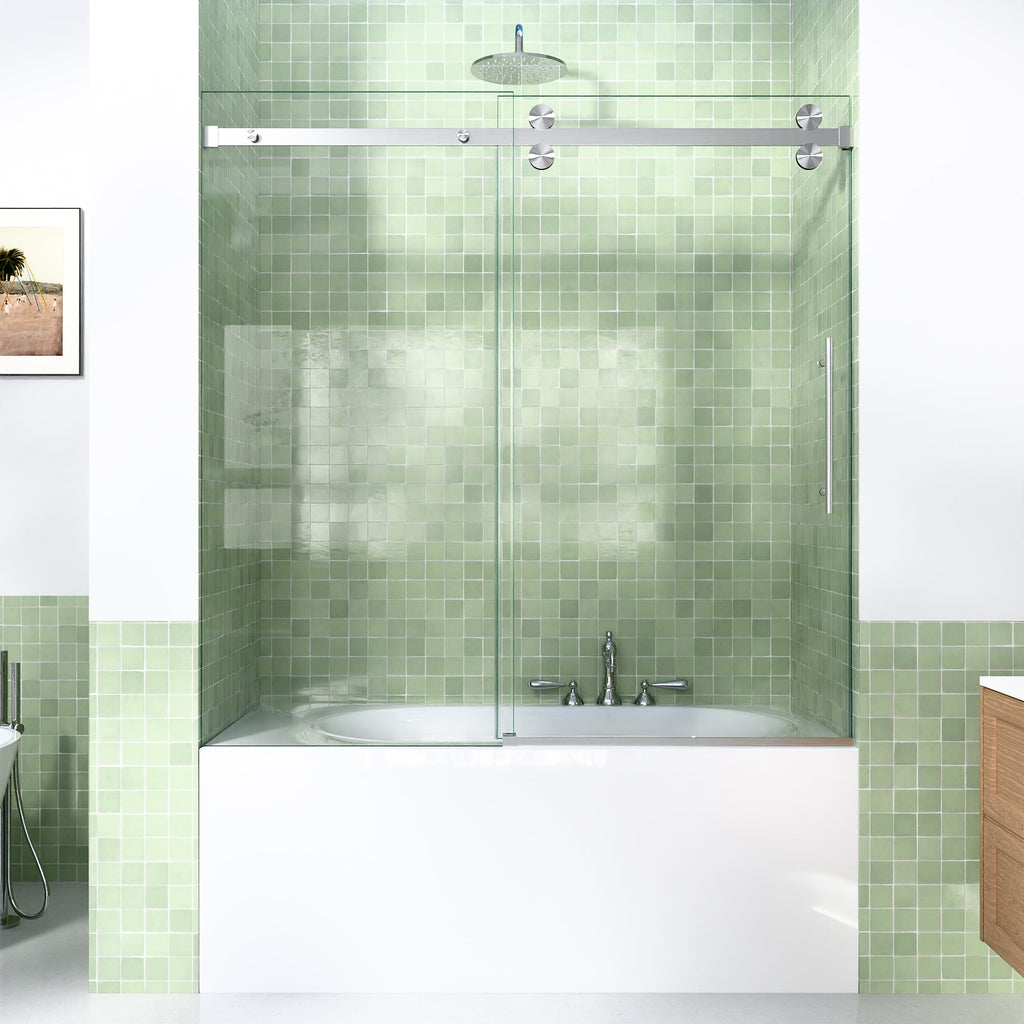 56-60"W Frameless Sliding Tub Shower Door with Tempered Glass - Brushed Nickel