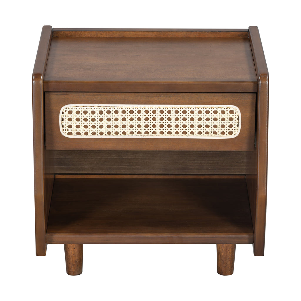 Walnut Nightstand with Rattan Detail for Modern Bedrooms - Walnut