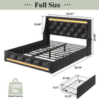 Wingback Upholstered Bed Frame with LED Lights and Charging Station - Black or White