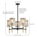 5 Light Textured Glass Chandelier with Adjustable Height - Black & Gold