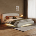 Curved Upholstered Bed with Smart Ambient Lighting - Boucle Fabric