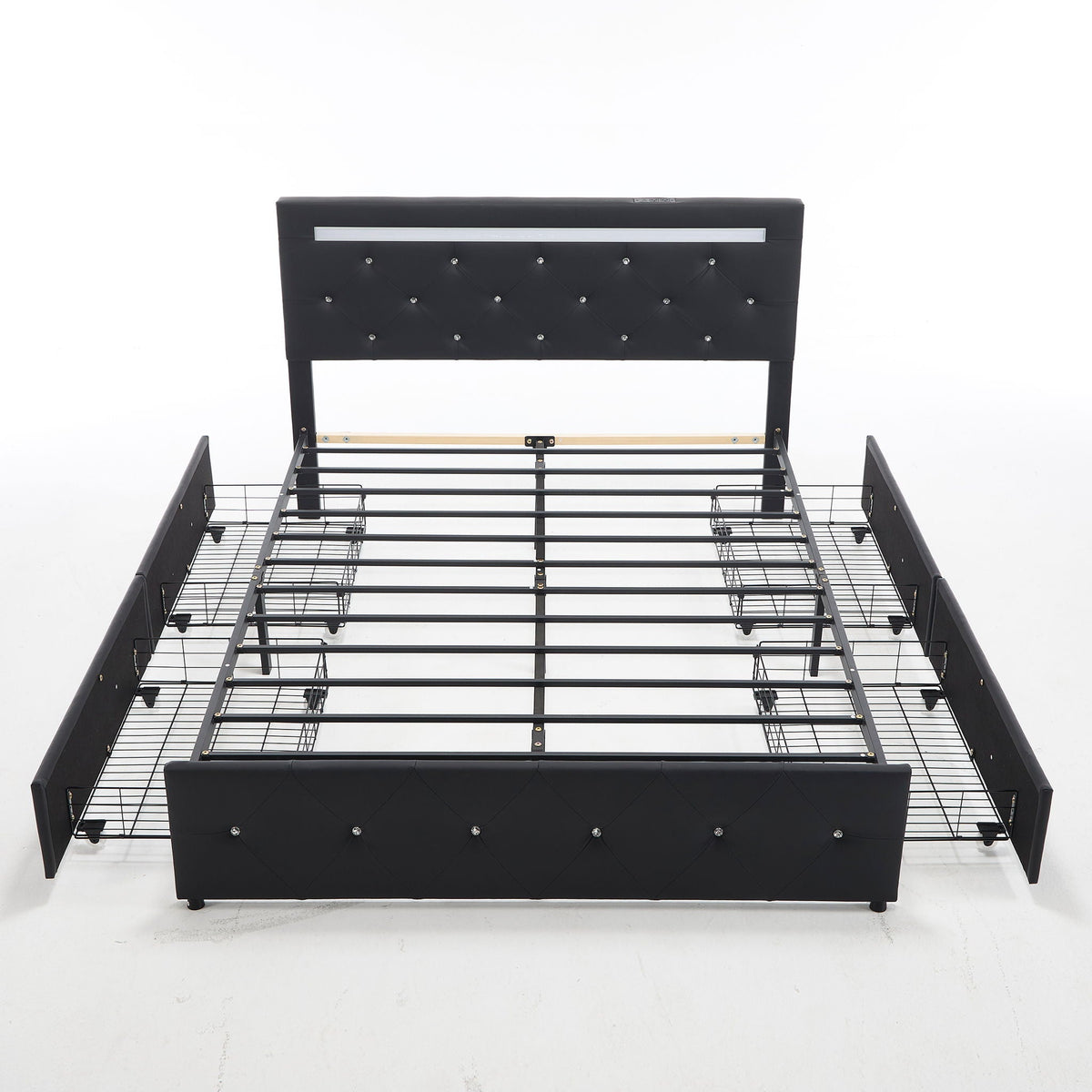 Upholstered Storage Bed Frame with LED Lights and Drawers – White or Black