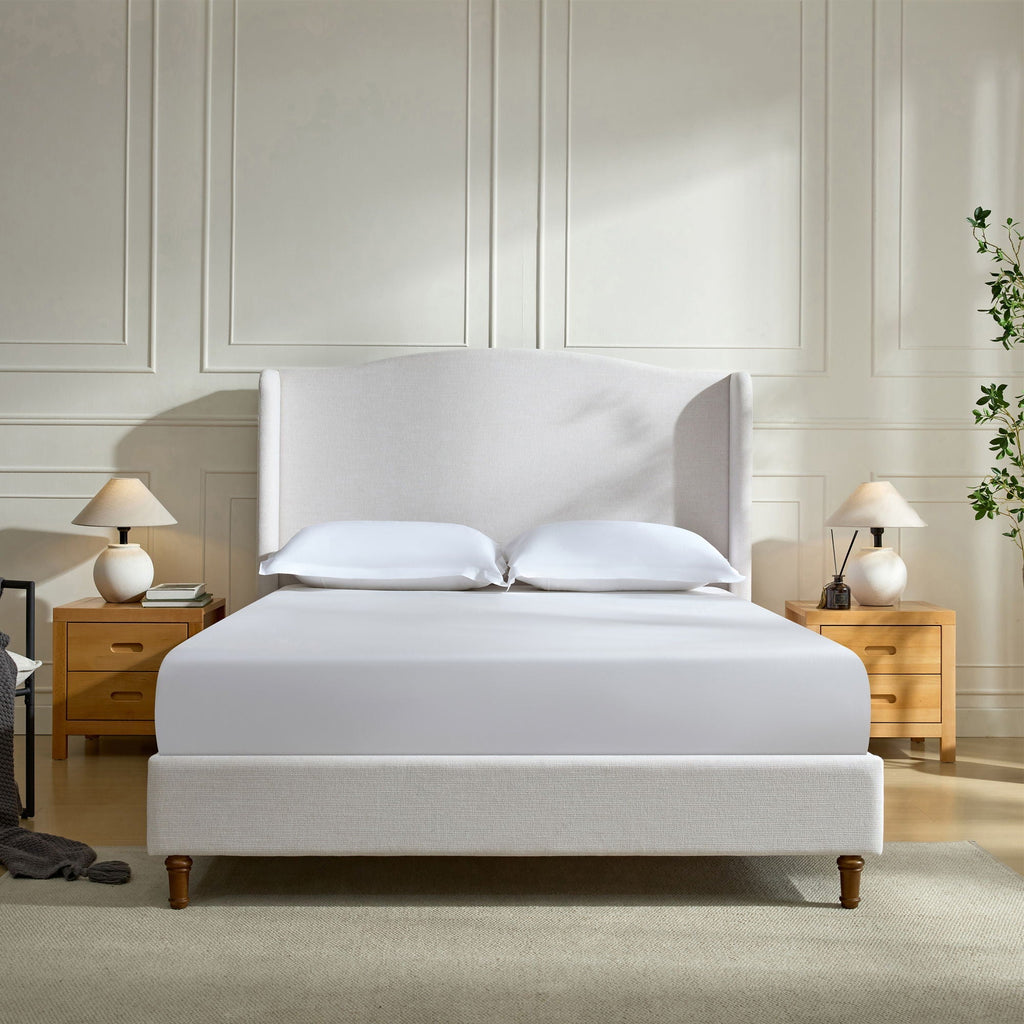 Beige Upholstered Wingback Bed with Tall Headboard – King or Queen