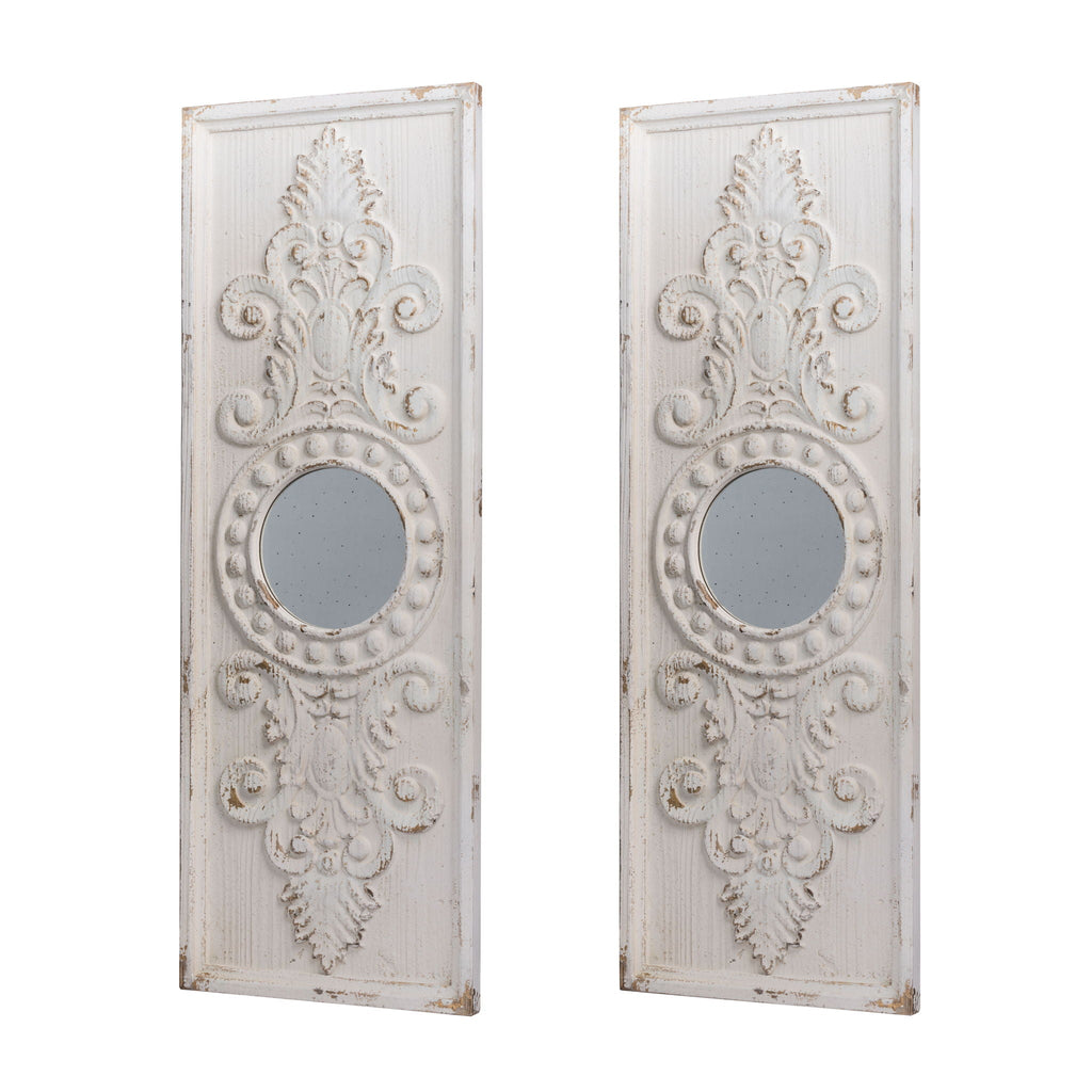 Large Wooden Wall Art Panels with Distressed Round Mirror Accents - White