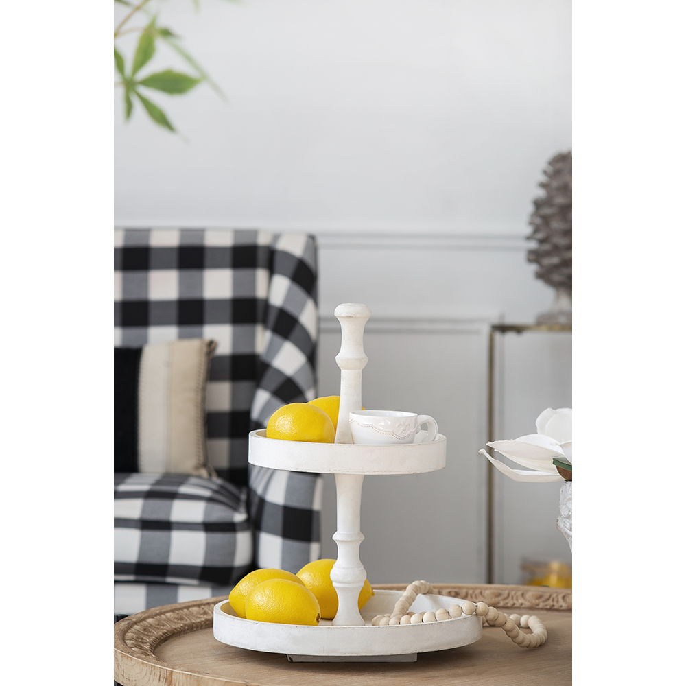 Two Tiered Round Wooden Tray with Farmhouse Style - White