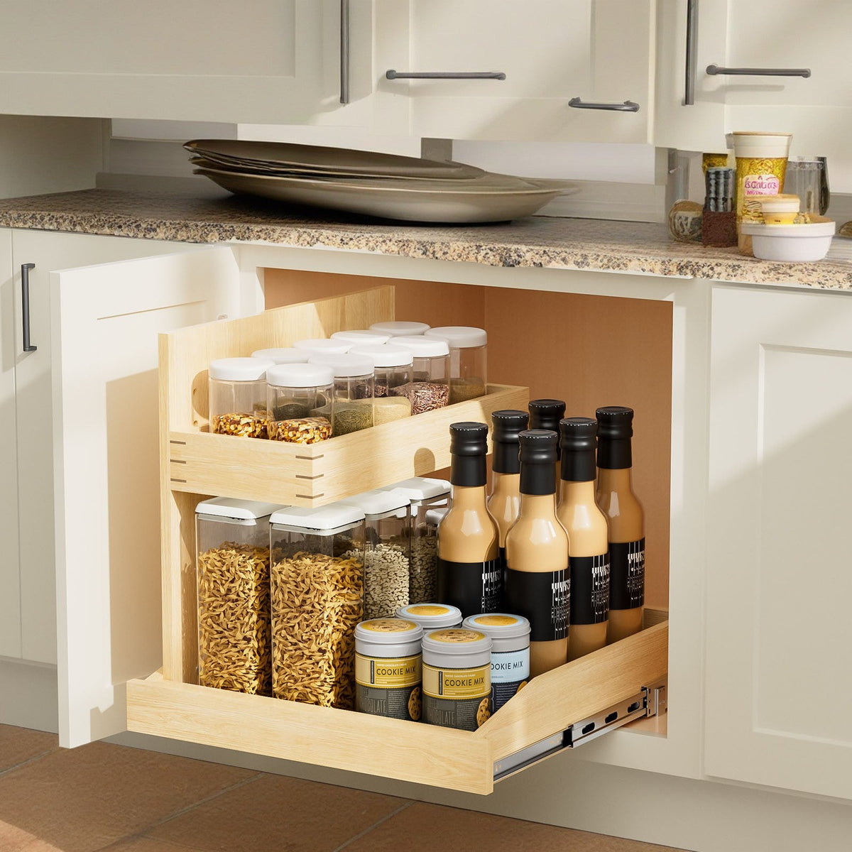 2 Tier Pull Out Under Sink Organizer with Full-Tension Slides - Natural Wood