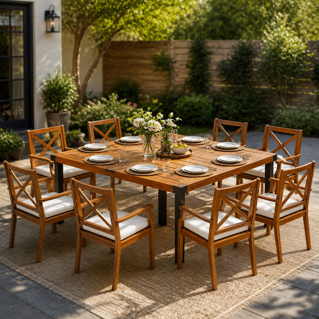 9-Piece Acacia Wood Outdoor Patio Dining Set with X-Back Chairs - Teak Finish