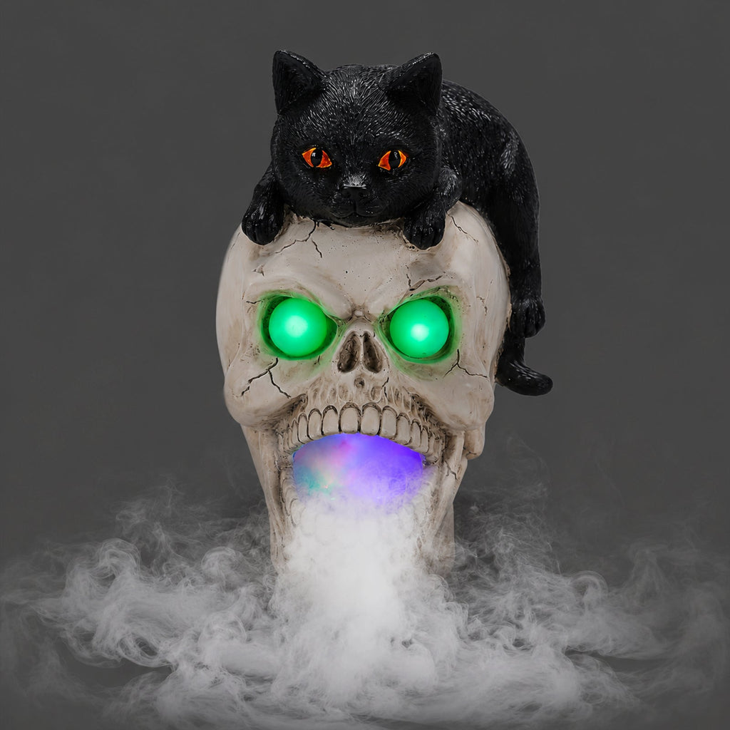 Halloween Cat Skull Statue with Glowing Features - Black White