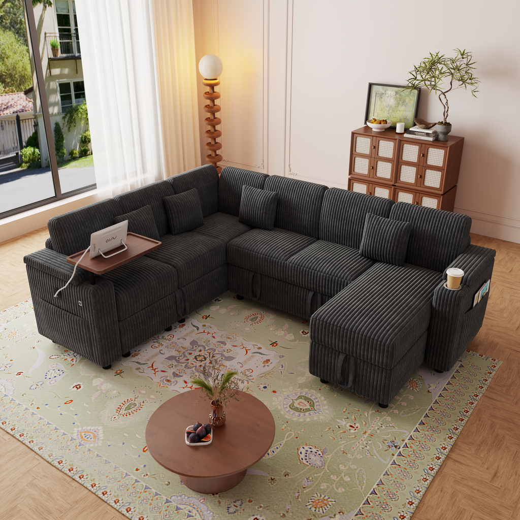 100-Inch Pull-Out Sofa with USB Ports and Cup Holder - Corduroy