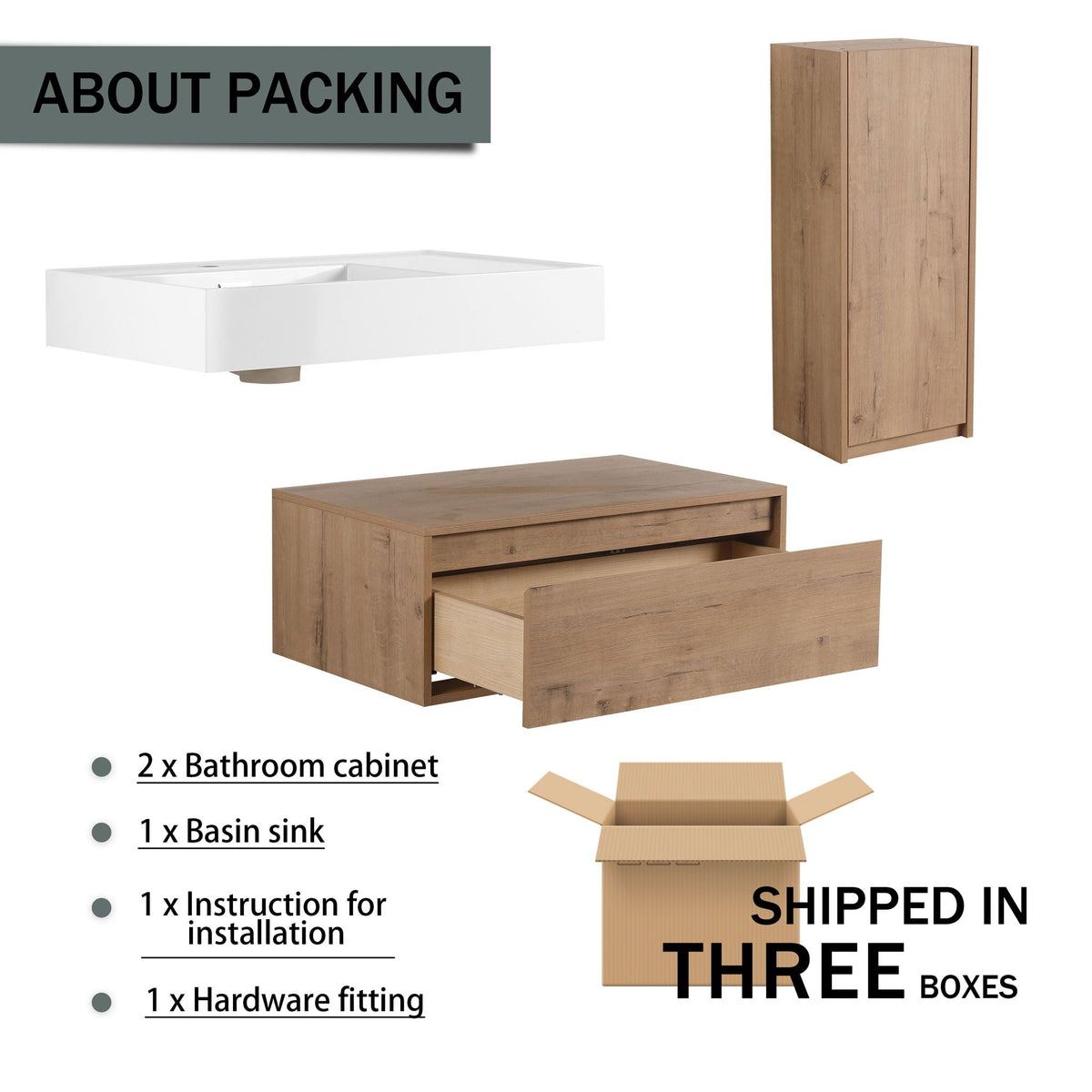 Modern Wall Mounted Bathroom Vanity with Resin Sink and Side Cabinet - Imitative Oak