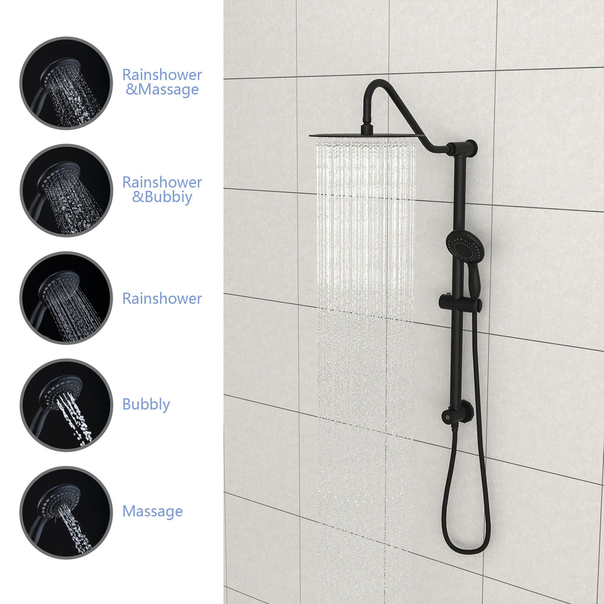 Shower System with 5 Function Rain Hand Shower and Slide Bar Combo - Pearl Silver, Gray, or Black