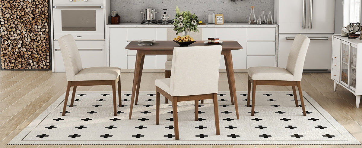 5-Piece Dining Table Set with Upholstered Chairs - Light Beige/Walnut