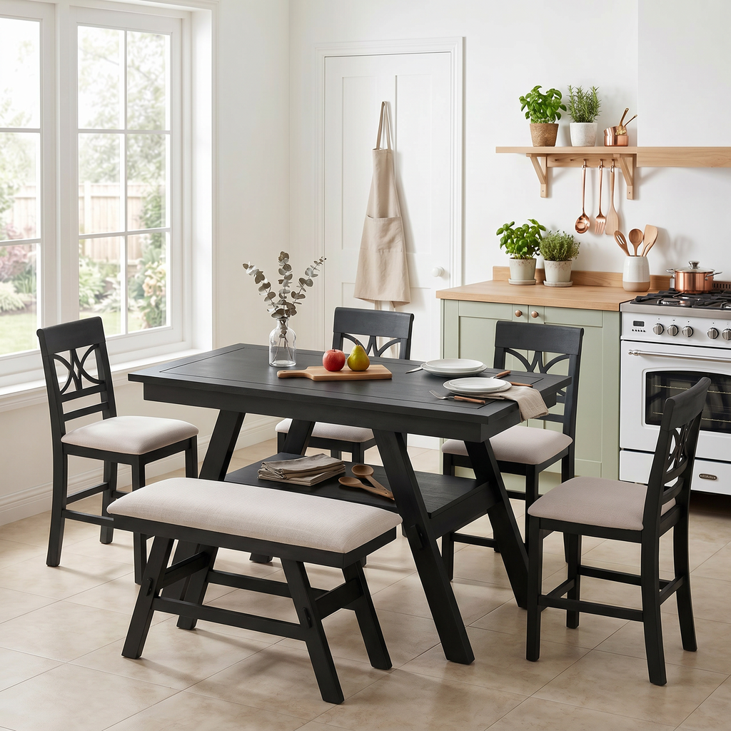 6 Piece Counter Height Dining Table Set with Storage Shelf - Espresso Wood