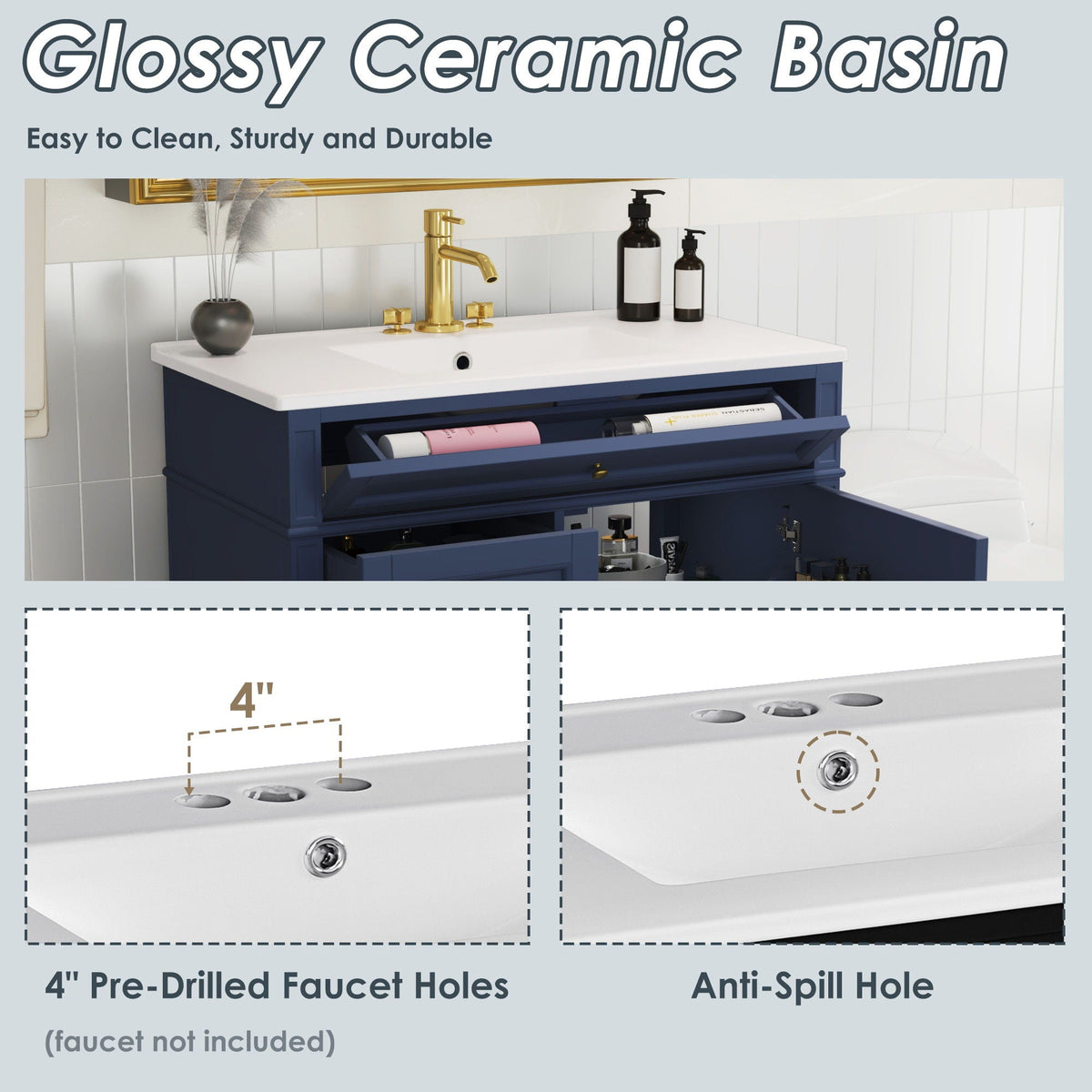 Blue Bathroom Vanity with Top Sink and Ample Storage - 36" Wide