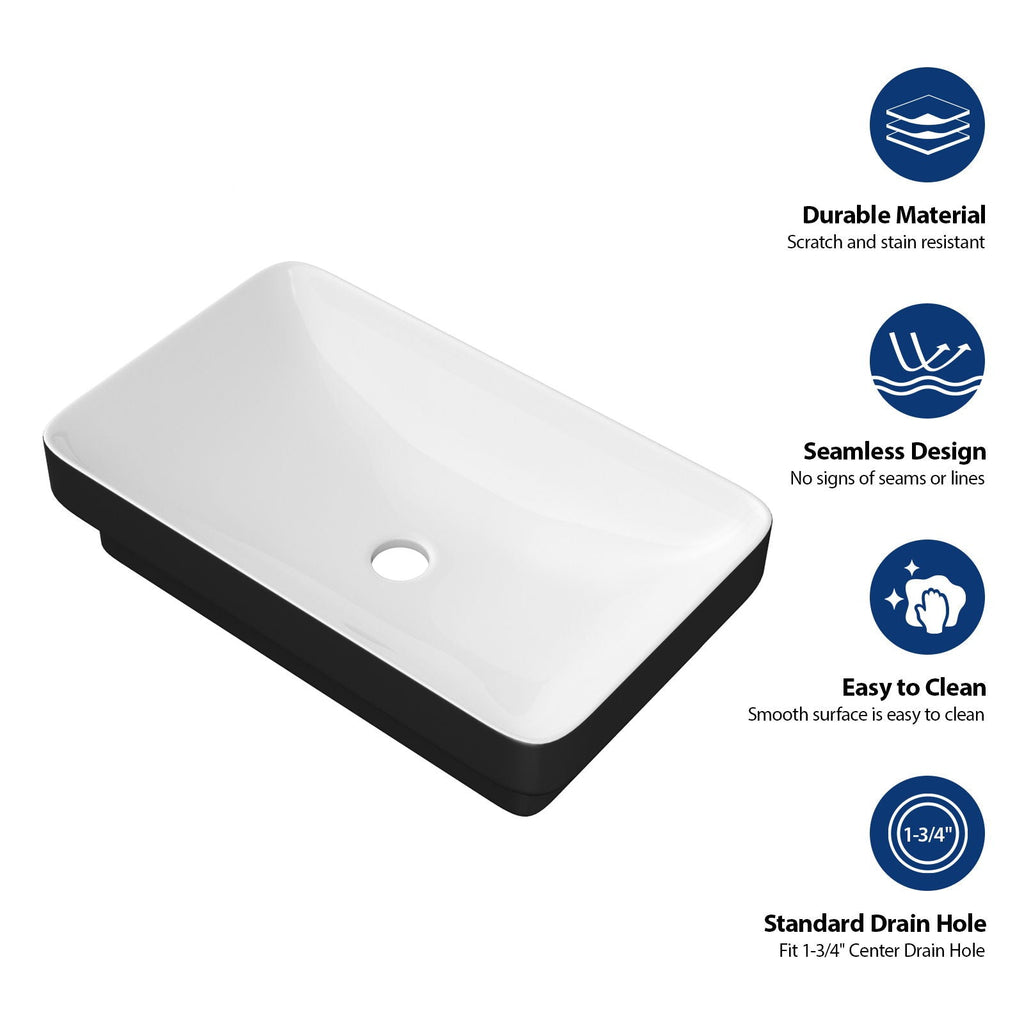 Semi Recessed Bathroom Sink with Vessel Design - Durable Glazed, White / Black