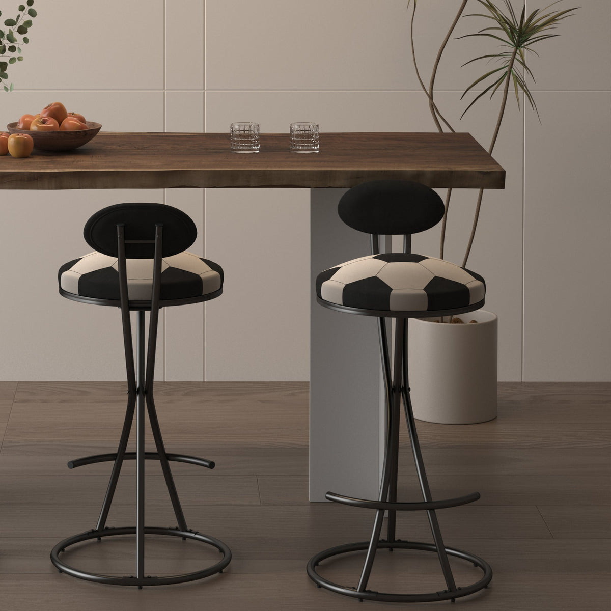 Upholstered S-shaped Barstools Set of 2 with Velvet Football Print - Black