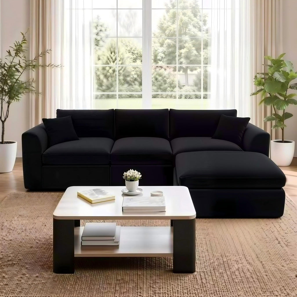 Compressed Modular Sectional Sofa with Ottoman - Black Linen