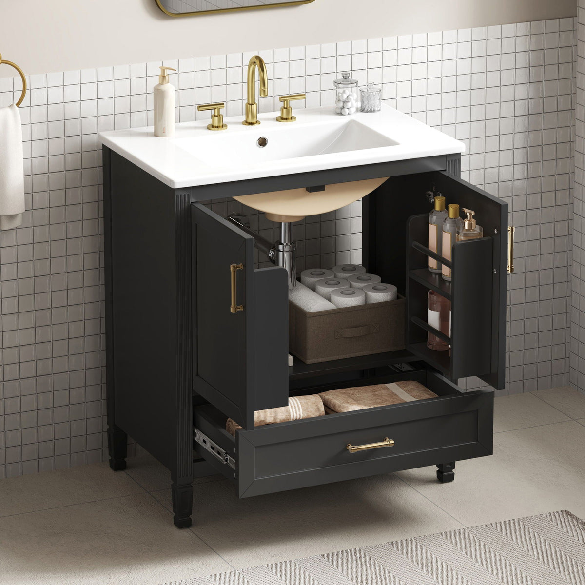 Elegant Fluted Bathroom Vanity with Sink and Soft Close Doors - Light Brown, Black, White
