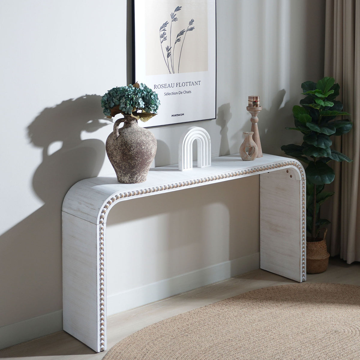 Waterfall Console Table with Seamless Curved Design - Light Brown, White, Black
