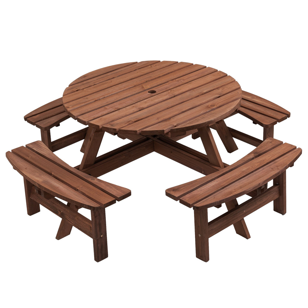 8 Person Wooden Picnic Table with Umbrella Hole - Brown