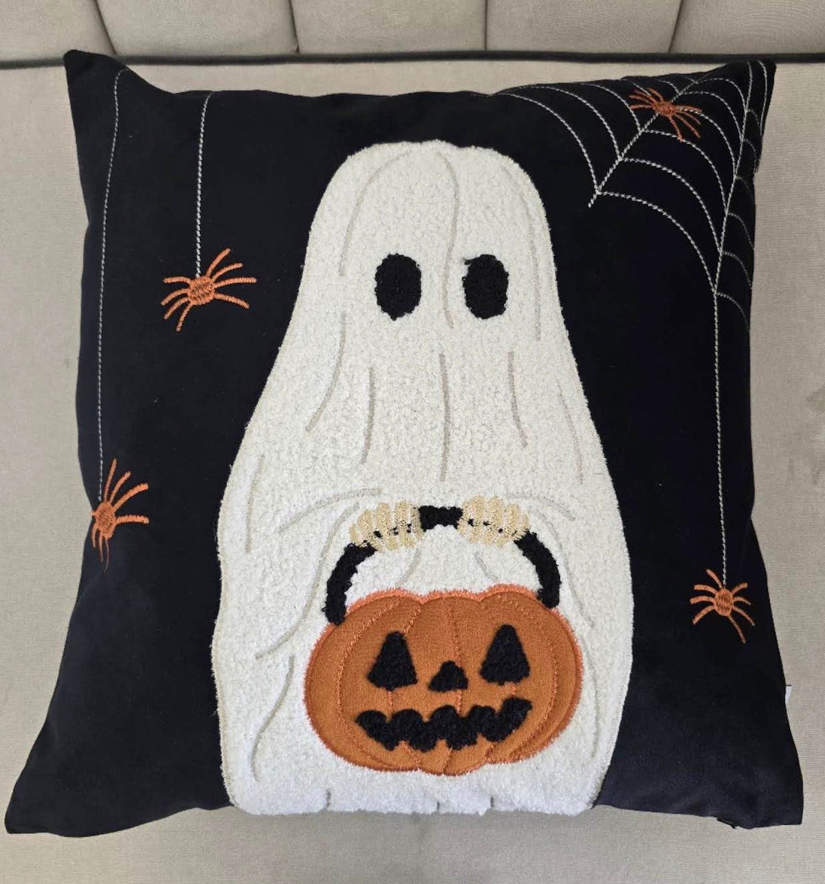 Halloween Ghost Throw Pillow with Embroidered Pumpkin Bucket - Velvet