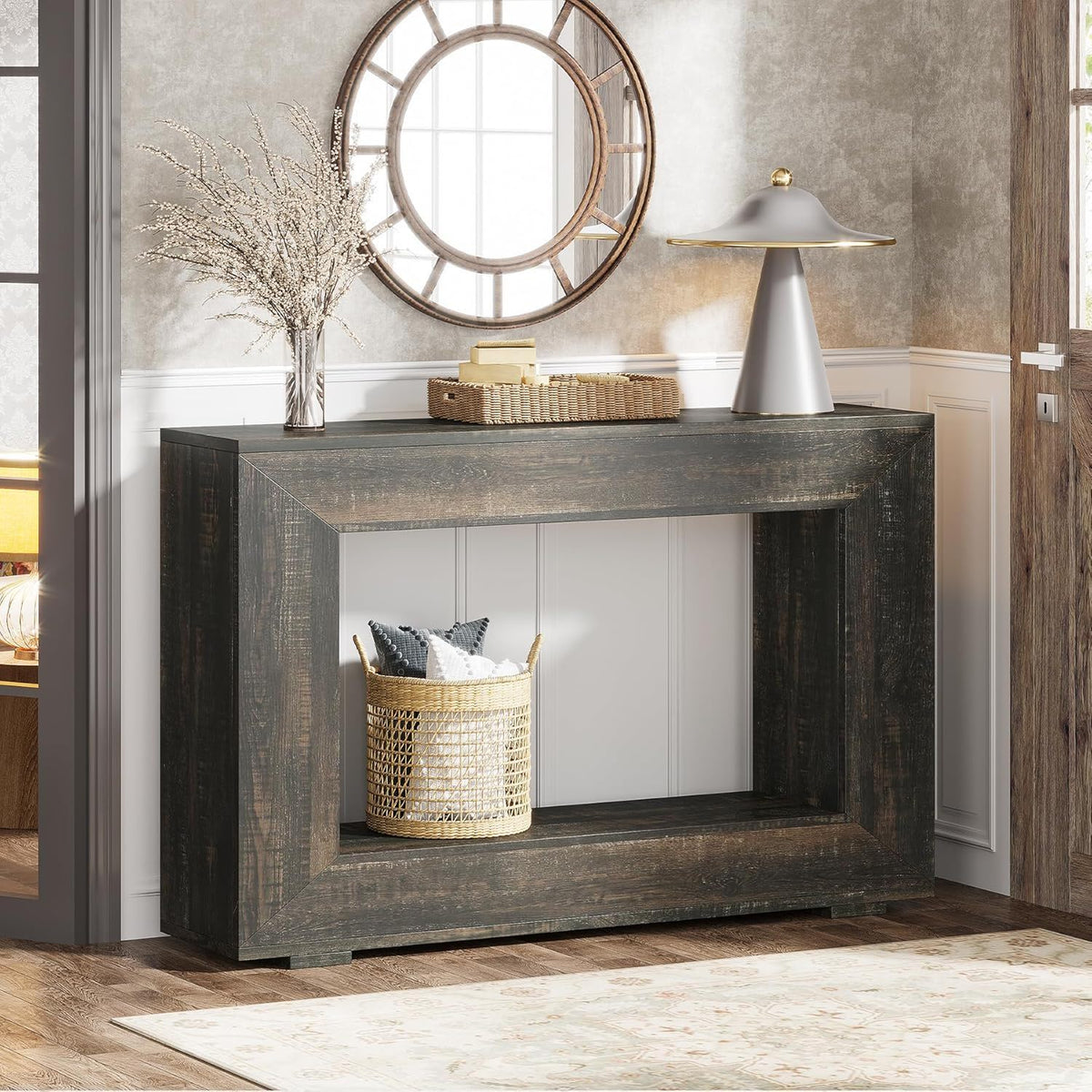 Narrow Entryway Storage Console Table with Open Shelf - Black, Dark Gray, Light Brown
