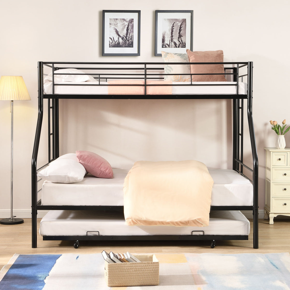 Twin Over Full Modern Metal Bunk Bed with Trundle - Black