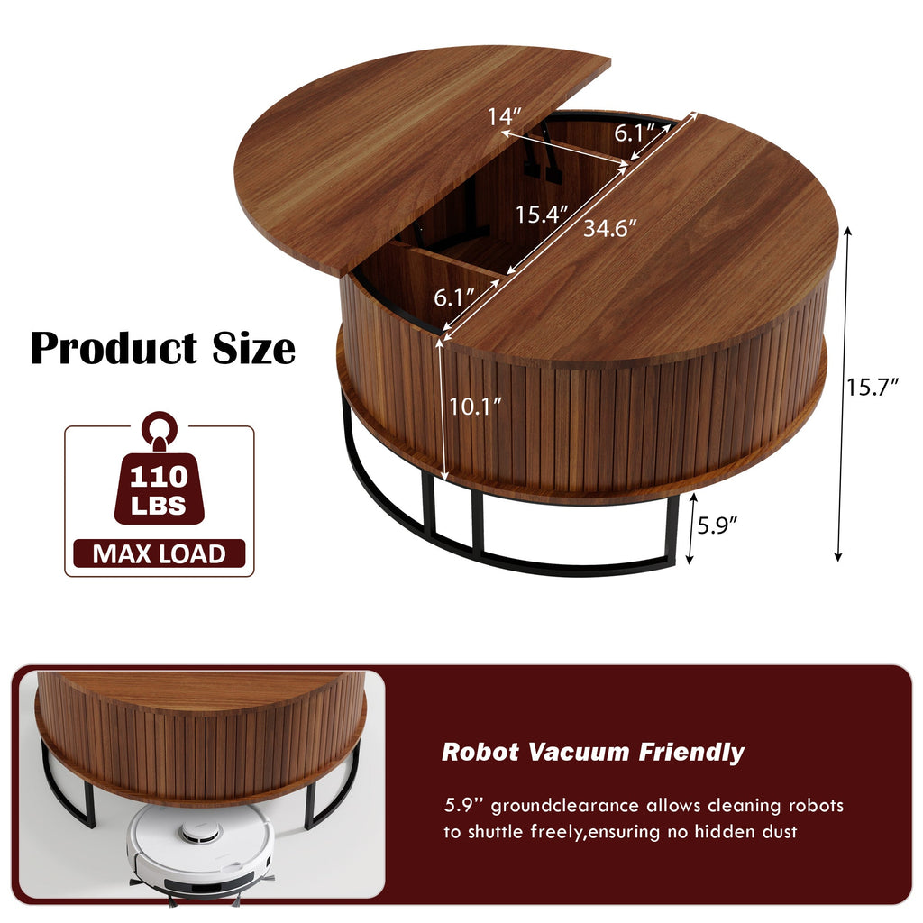 31.5" Round Coffee Table with Fluted Lift-Top Storage - Walnut