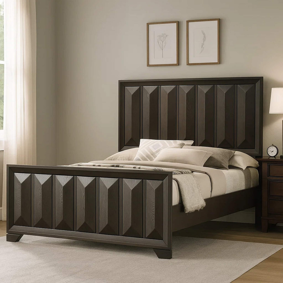 Modern Bed Panel Headboard with Vertical Faceted Design - Dark Brown