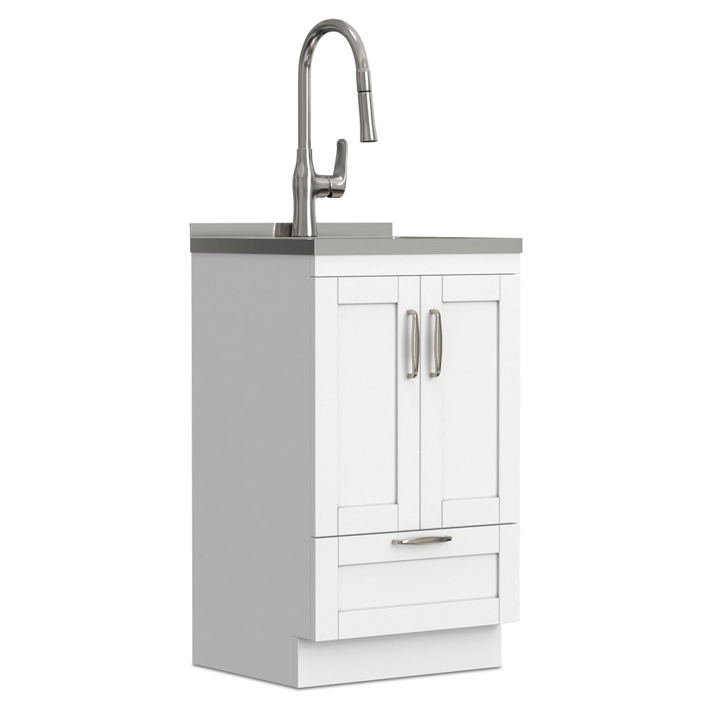 Deluxe Laundry Cabinet with Pull-Out Faucet and Stainless Steel Sink - White