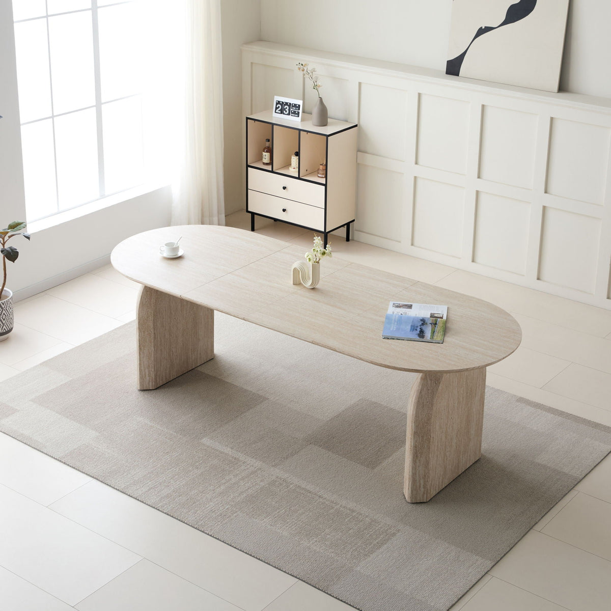 Oval Extendable Dining Table with Dual Pillar Design - Off White