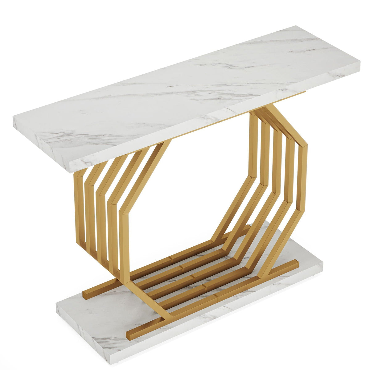 White and Gold Console Table with Geometric Metal Base - Faux Marble Top