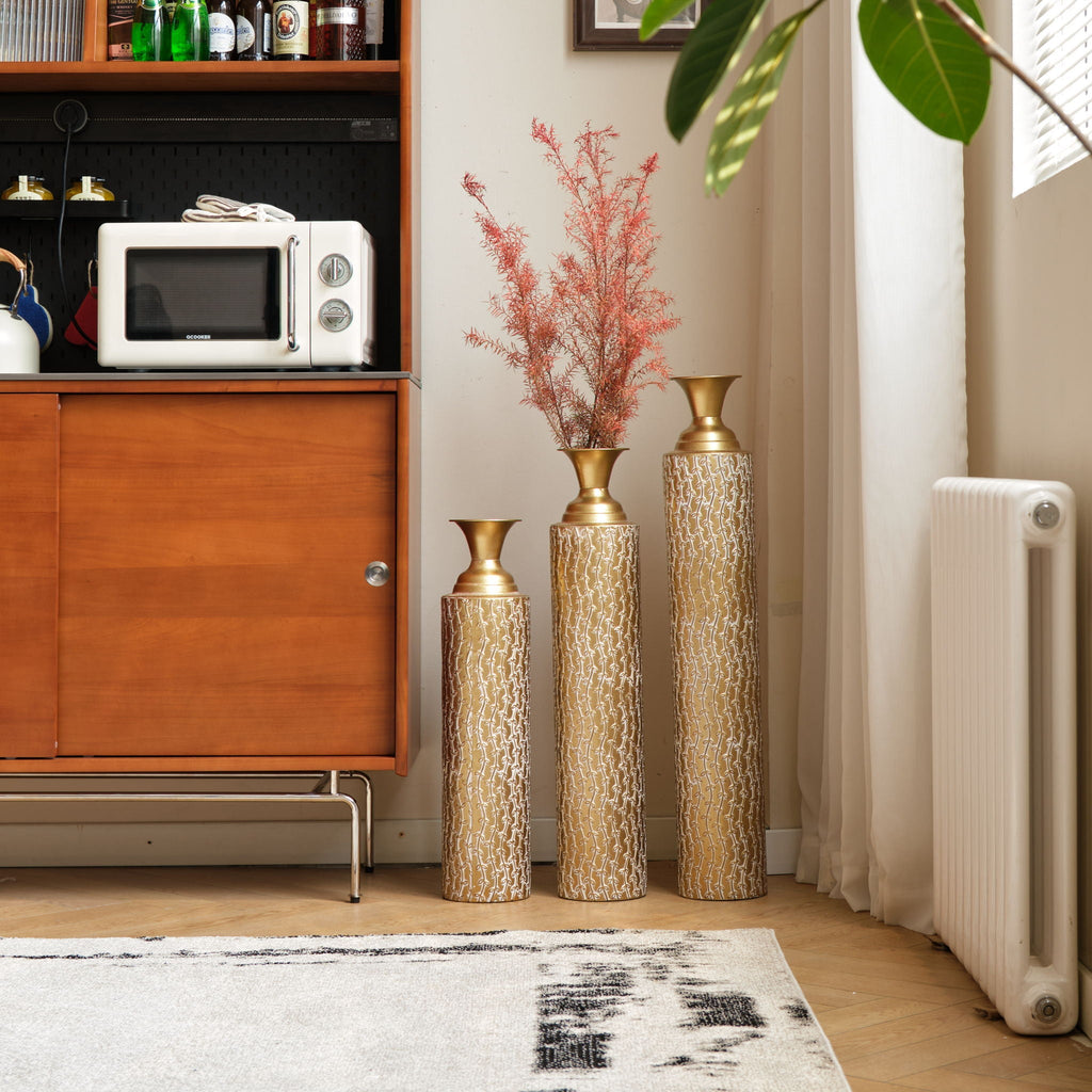Gold Metal Floor Vases Set with Vine Pattern – Set of 3