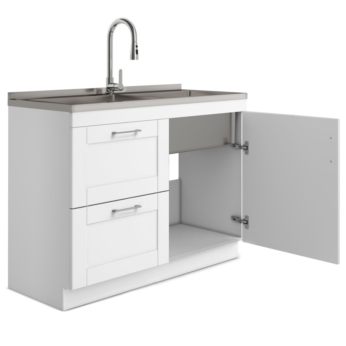 Wide Laundry Cabinet with Faucet and Deep Stainless Steel Sink - White
