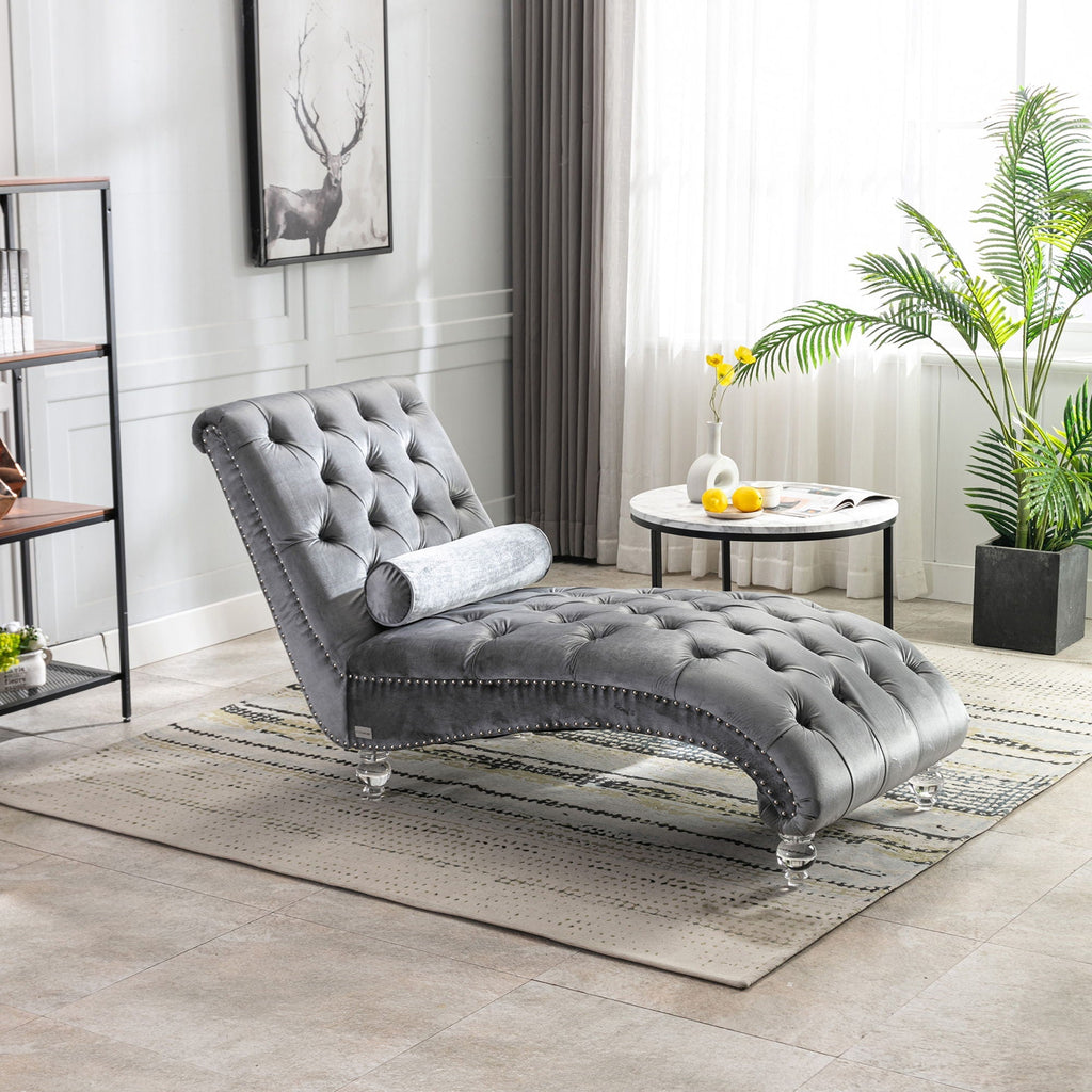 Velvet Button Tufted Chaise Lounge with Pillow - Multiple Colors