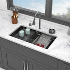 Undermount Stainless Steel Kitchen Sink with Pull Down Faucet & Ledge Workstation - Gray or Black