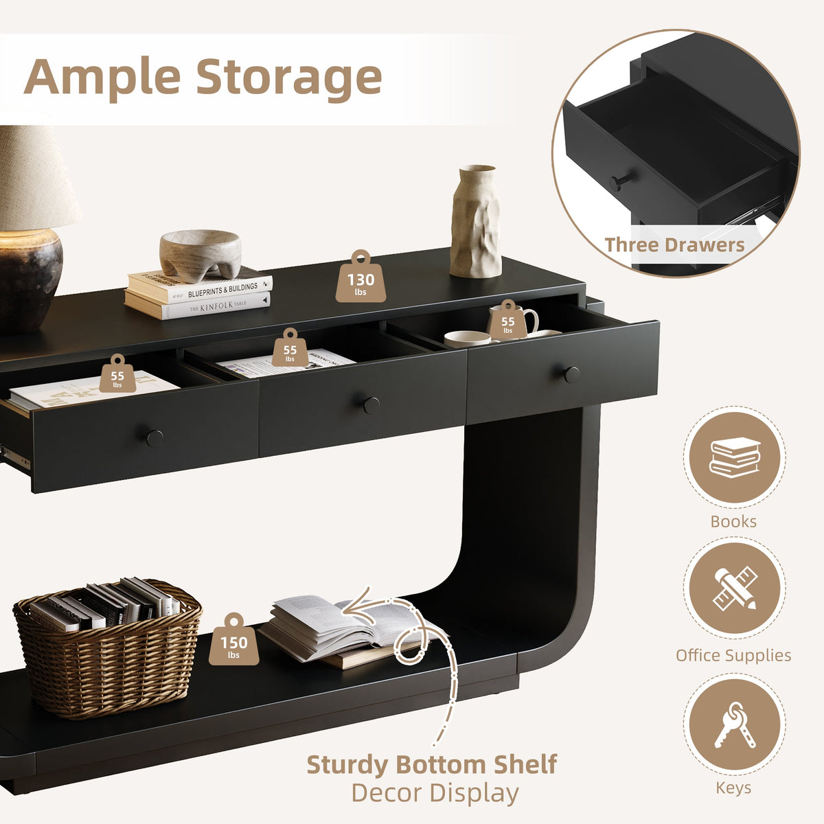 Classic-Style Console Table with Storage and Display Shelf - Black