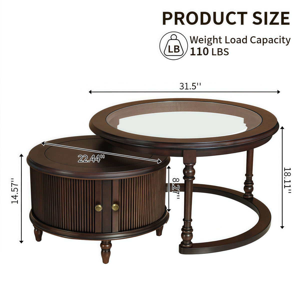 Modern Nesting Coffee Table Set with Glass Top - Dark Brown or Black