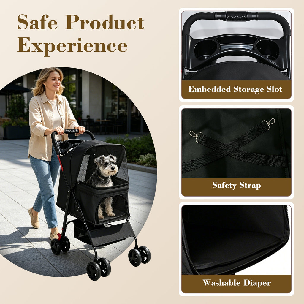 Foldable Pet Stroller with Mesh Panels and Storage Basket - Black, Pink, or Blue
