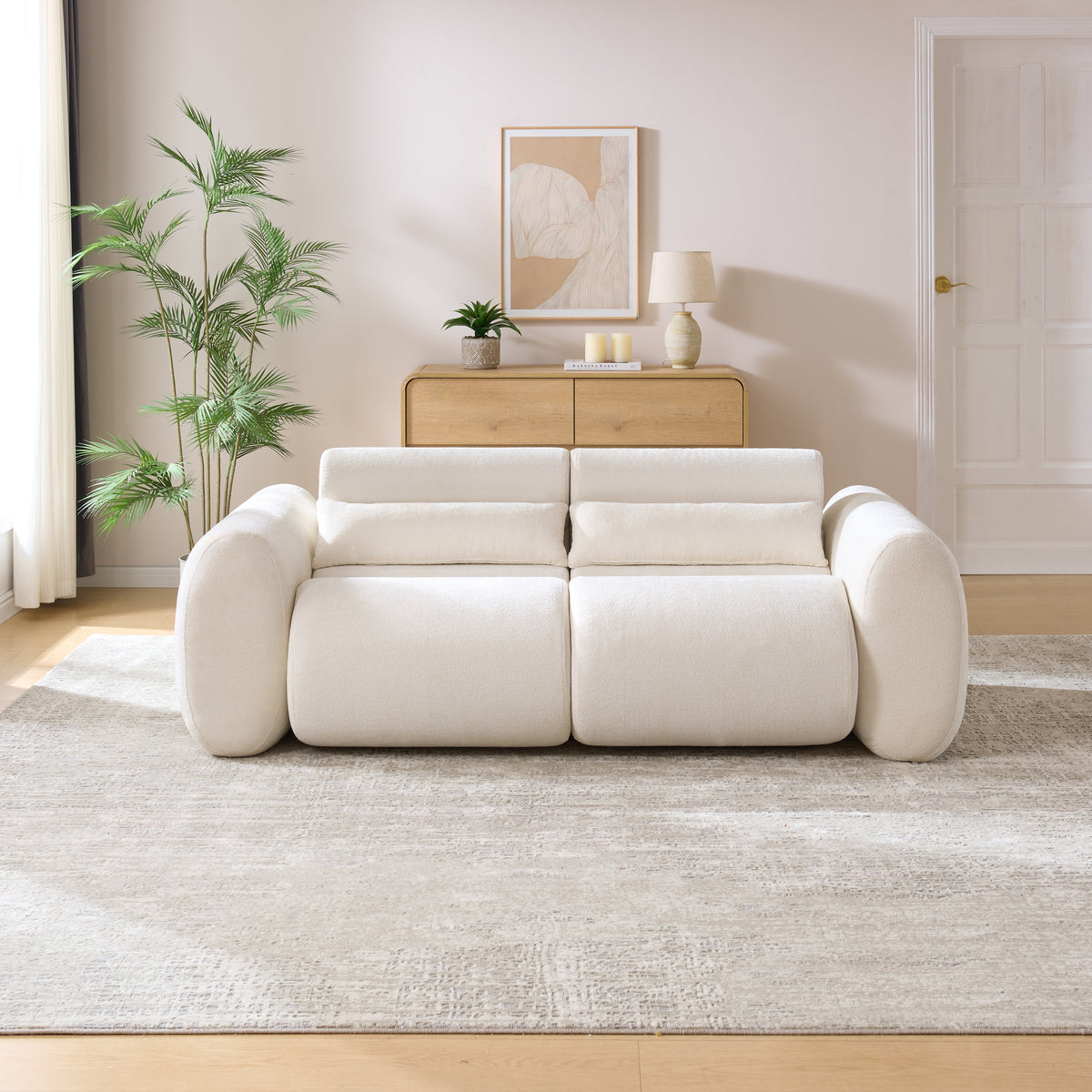 Curved 3-Seater Upholstered Chenille Sofa with Round Arm - Snow