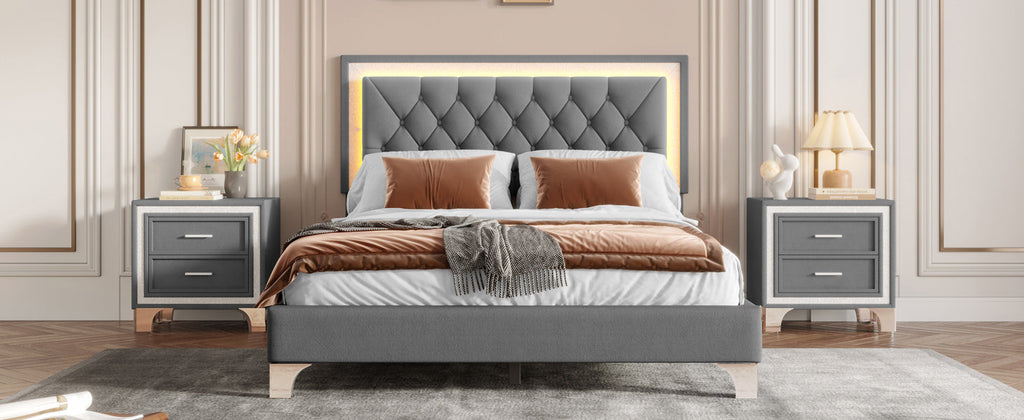 Queen Upholstered Platform Bed with LED Lights - 3-Piece Set, Gray
